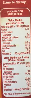 Lista de ingredientes del producto Zumo pura naranja con pulpa Hacendado 1L