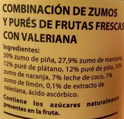 List of product ingredients Puré de frutas con valeriana Hacendado 250 ml