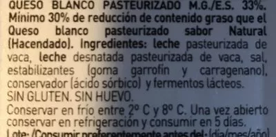 Lista de ingredientes del producto Queso blanco pasteurizado light Hacendado 300 g