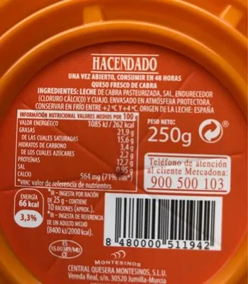 Lista de ingredientes del producto Quesco fresco cabra Hacendado 250g