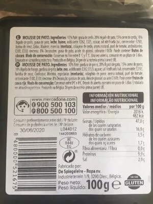 Lista de ingredientes del producto Mousse de pato Hacendado, De Spiegeleire 100 g
