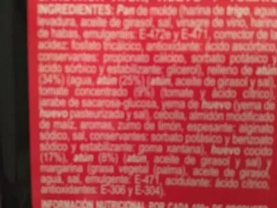 Lista de ingredientes del producto Sándwich atún, huevo y tomate Hacendado 185 g
