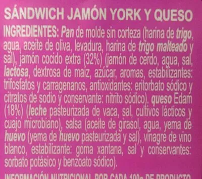 Lista de ingredientes del producto Sandwich jamón york y queso Hacendado 