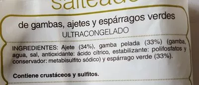 Liste des ingrédients du produit Salteado de gambas, ajetes  y espárragos verdes Hacendado 450 g