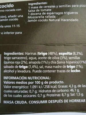 List of product ingredients Masa Pizza Cereales y Semillas Hacendado 