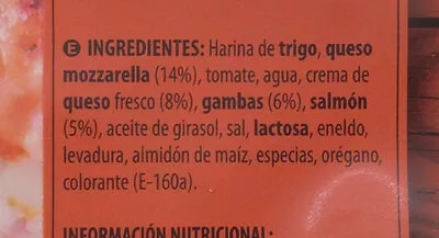 List of product ingredients Pizza salmón y gambas Hacendado 390 g