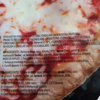 List of product ingredients Pizza tomate y queso Hacendado 2 x 285 g