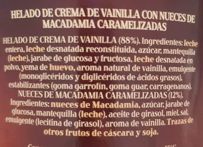 Lista de ingredientes del producto Vainilla y nueces de macadamia Hacendado 500 ml