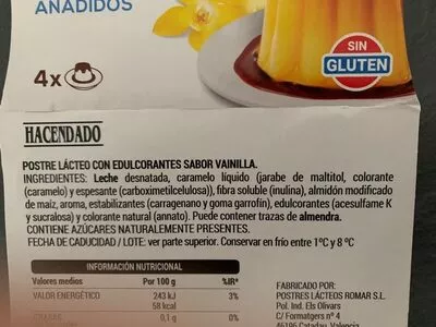 Lista de ingredientes del producto Flan de vainilla sin azúcares Hacendado 400 g