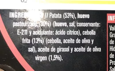Liste des ingrédients du produit Tortilla fresca de patata con cebolla Hacendado 600gr