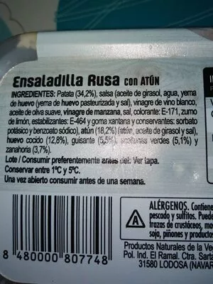 Lista de ingredientes del producto Ensaladilla rusa con atun Hacendado 
