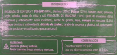 Liste des ingrédients du produit Ensalada de lentejas y bulgur Hacendado 250 g