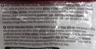 Lista de ingredientes del producto Pan tostado con pasas Hacendado 