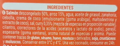 Liste des ingrédients du produit Salmón al curry con arroz Hacendado 275g