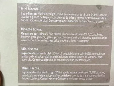 Liste des ingrédients du produit Mini biscotes especial canapés Eroski 
