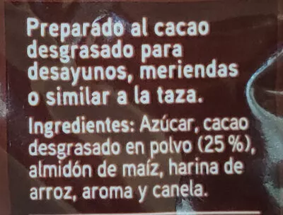 Liste des ingrédients du produit Preparado de cacao a la taza Eroski 
