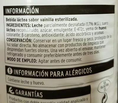 List of product ingredients Batido sabor vainilla Eroski 