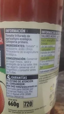 Liste des ingrédients du produit Tomate triturado ecológico Eroski 660 g