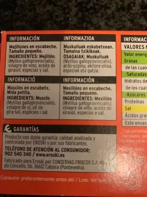 Liste des ingrédients du produit Mejillones de las rías gallegas en escabeche Eroski 