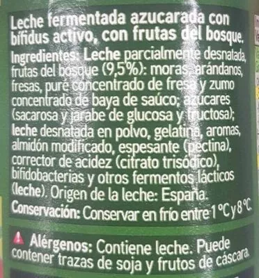 Lista de ingredientes del producto Biactive con frutas del bosque Eroski 500 g