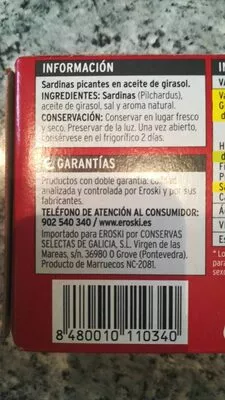 List of product ingredients Sardinas picantes Eroski 