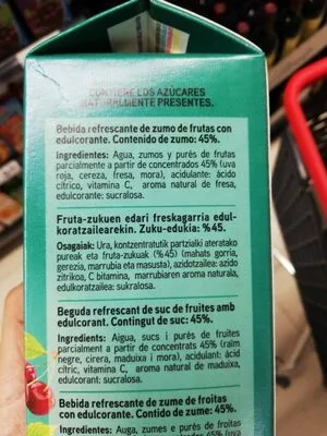 Lista de ingredientes del producto Zumo antiox (Mora, fresa, cereza y uva roja) Eroski 