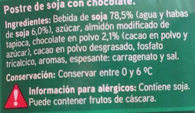 Liste des ingrédients du produit Postre de soja con chocolate Eroski 400 g (4 x 100 g)