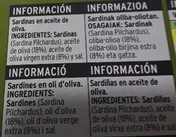 Lista de ingredientes del producto Sardinas en aceite de oliva Eroski 90 g