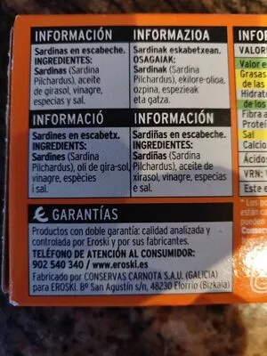 List of product ingredients Sardinas en escabeche Eroski 