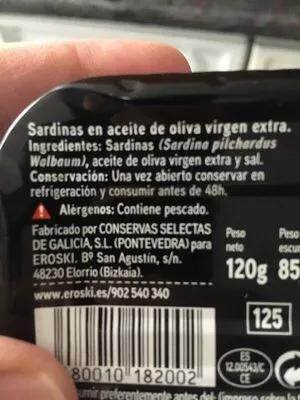 Liste des ingrédients du produit Sardinas en aceite de oliva virgen extra Eroski 