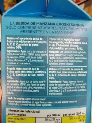 Lista de ingredientes del producto Sannia - Zumo de manzana Eroski 
