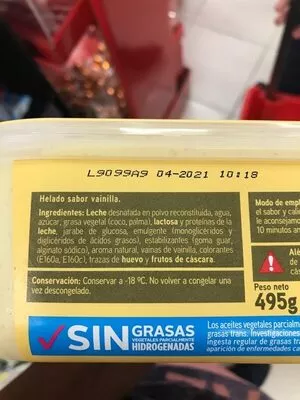 List of product ingredients Helado cremoso de vainilla Eroski 495 g