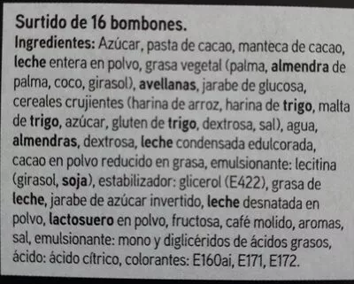 Lista de ingredientes del producto Surtido de 16 bombones Eroski 