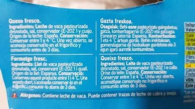 Lista de ingredientes del producto Sannia - Queso de burgos Eroski 2 x 250 g