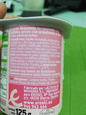 Lista de ingredientes del producto Yogur biactive con arándanos y lino Eroski 