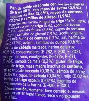 List of product ingredients Pan de molde con cereales y semillas Eroski 