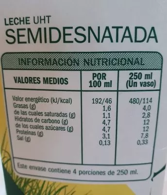Lista de ingredientes del producto Leche UHT semidesnatada eliges 1 litro