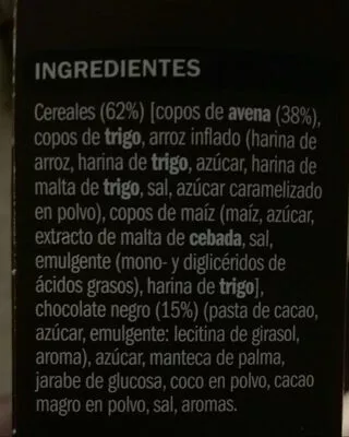 Lista de ingredientes del producto Céréales Muesli avec chocolat noir eliges 500 gramos