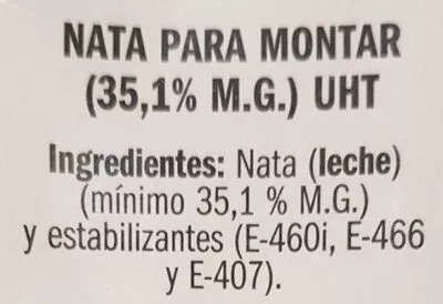 Lista de ingredientes del producto Nata para montar liquida eliges 