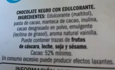 Lista de ingredientes del producto Chocolate negro sin azúcares Eliges 