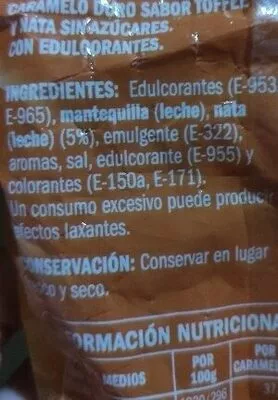 List of product ingredients Caramelos toffee y nata eliges 