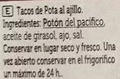 Lista de ingredientes del producto Tacos de pota al ajillo Spar 115 g