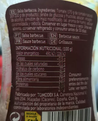 Lista de ingredientes del producto Salsa Barbacoa Spar 340 g