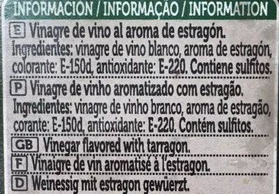Lista de ingredientes del producto Vinagre de Vino Spar 250ml