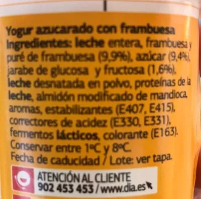 List of product ingredients Yogur con frutas fresa Dia 
