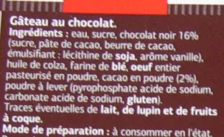 List of product ingredients Moelleux au Chocolat Dia 450 g e
