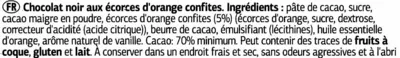 Lista de ingredientes del producto Chocolat noir aux écorces d'orange confites. 70% cacao Dia 100 g