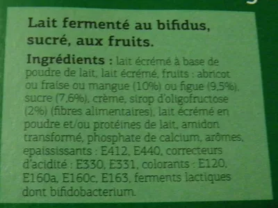 List of product ingredients Bifidus brassé (Figue, Abricot, Mangue, Fraise) 8 Pots Dia 1 kg [2 x (4 x 125 g)]