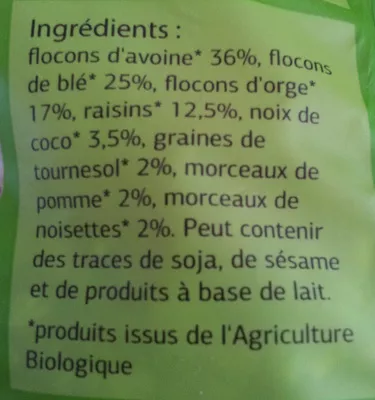 Liste des ingrédients du produit Muesli bio Dia 500 g