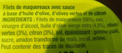 Liste des ingrédients du produit Filets de maquereaux (sauce olives-citron) Dia 169 g, 180 ml